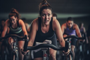 Portrait of sporty women using exercise bike in fitness studio. - obrazy, fototapety, plakaty