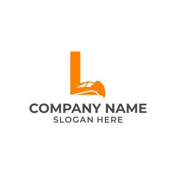Letter L logo with excavator arm. L excavator logo template, hydraulic logo initials