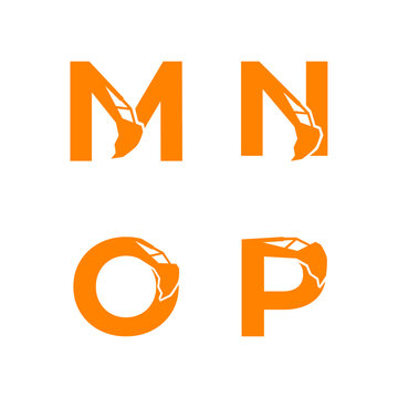 Letter M N O P with excavator arm. M N O P excavator logo template, hydraulic initials