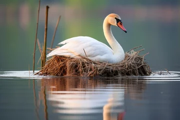 Selbstklebende Fototapeten a swan defending nest in a quiet lake © altitudevisual