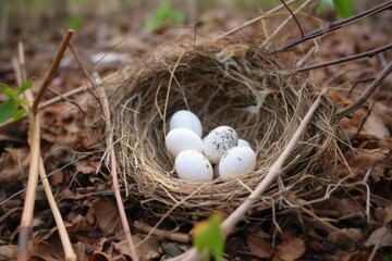 Naklejka na ściany i meble a fallen bird nest with scattered eggshells