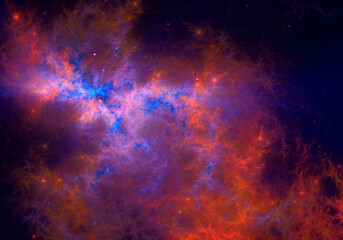 Fiery nebula and stars in space. Abstract fractal art background.
