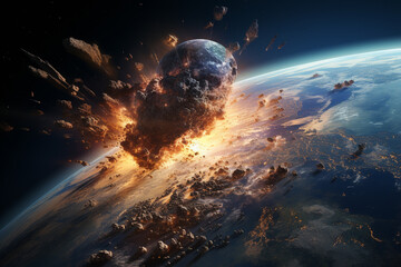 Moment of a giant asteroid impacting Earth, symbolizing the immense power and potential devastation of cosmic collisions. Ai generated - obrazy, fototapety, plakaty
