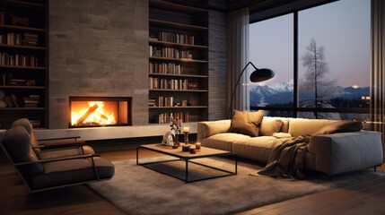 Fireplace on white wall in modern apartment