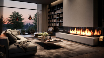 Fireplace on white wall in modern apartment