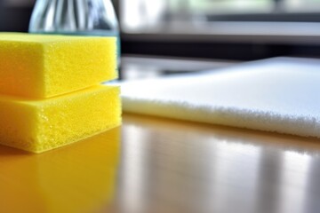 close-up shot of a sponge and detergent on a glossy kitchen surface