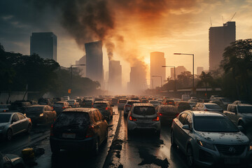 Polluted city with chaotic traffic, highlighting the hazardous environmental impact of vehicles congestion and air pollution. Ai generated