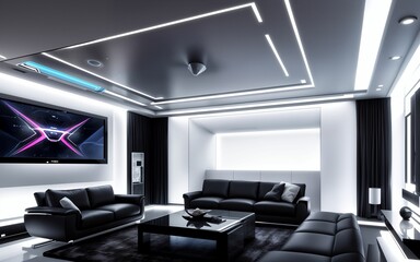 The living room of the future world is modern and has a digital operating system, AI technology system ai generated