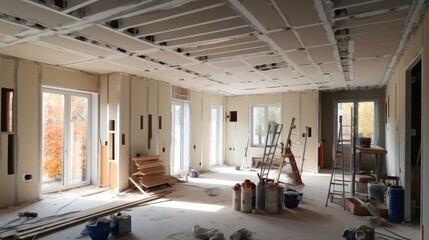 Partition for interior wall, Drywall installation at new home for under construction.