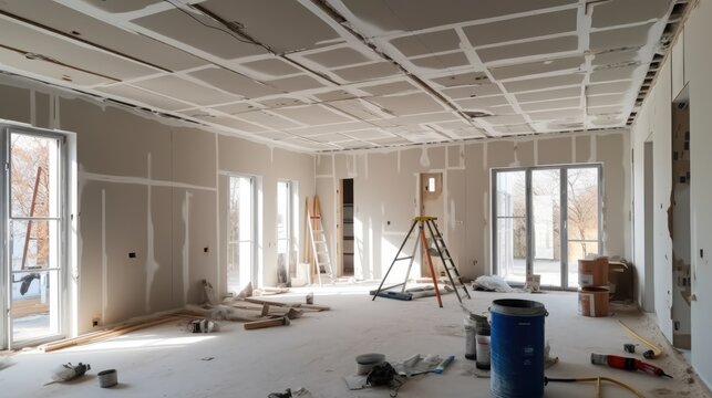 Partition for interior wall, Drywall installation at new home for under construction.