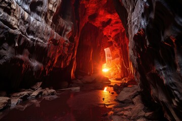 cave entrance aglow with red and orange light