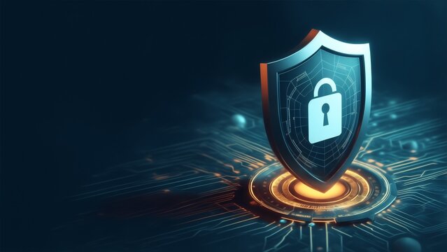3D Padlock cyber security password antivirus shield technology background for antihacking computer safety