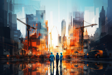 Artistic creative background illustration featuring construction workers, towering buildings in various stages of construction, and cranes on the skyline. Ai generated - obrazy, fototapety, plakaty