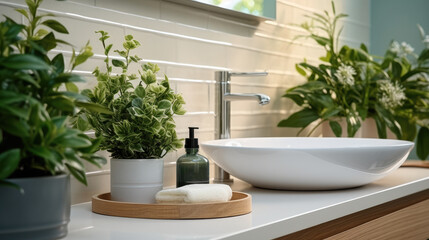 Fototapeta na wymiar Vessel sink and different care products in bathroom with Green artificial plants.