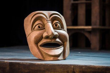 an ancient greek comedy mask on a stage