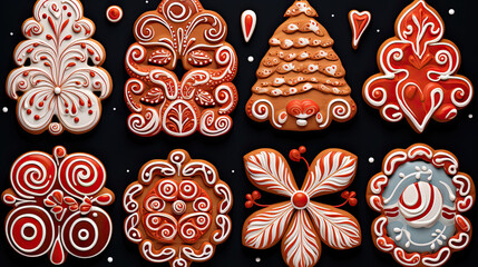 Vector gingerbread cookies adorned with intricate details from royal icing swirls to sugared berries