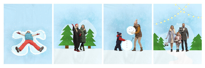 Poster. Contemporary art collage. Set made of posters with people, kids and parents, senior ladies who spent their time outdoor. Winter activities.