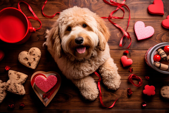 a flat lay with pet-related Valentine's Day items. AI generative.