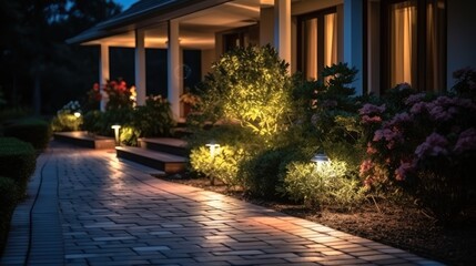 Fototapeta na wymiar Modern gardening with Illuminated pathway in front of residential house.