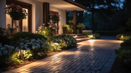 Modern gardening with Illuminated pathway in front of residential house.