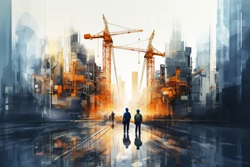 Fotobehang Artistic creative background illustration featuring construction workers, towering buildings in various stages of construction, and cranes on the skyline. Ai generated © twindesigner