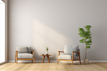 salón moderno minimalista decorado con dos butacas, mesa y planta, con pared en color gris - obrazy, fototapety, plakaty