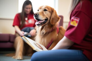 a therapy dog photographed with its trainers reading list