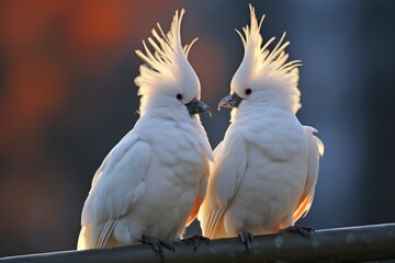 cockatoos sharing a perch, showing signs of compromise