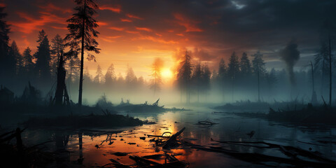 Swamp with trees in misty fog at sunrise. Tranquil, moody landscape. Generative AI