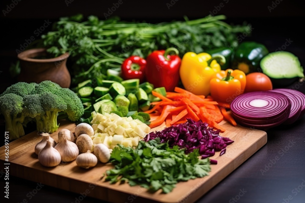 Poster raw vegetables and knife on a board