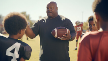 Elementary school African American coach playing American football with his students. - obrazy, fototapety, plakaty