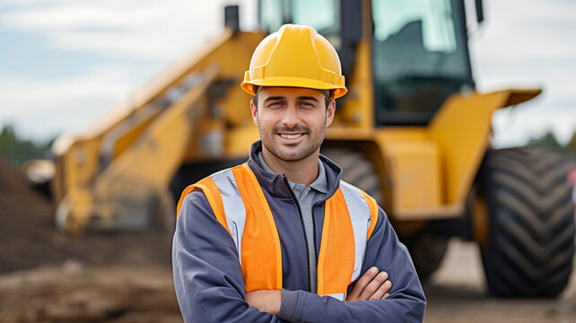 Portrait of construction worker on building site near to backhoe looking at camera smiling. Construction manager outdoor for civil engineering and building.
