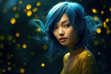 Asian young woman with long flowing blue hairs. Stunning portrait generated by Ai