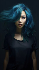 Fototapeta premium Asian young woman with long flowing blue hairs. Stunning portrait generated by Ai