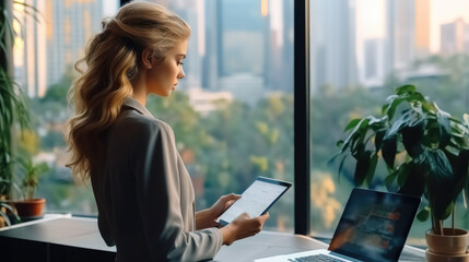 Beautiful businesswoman using tablet in office.