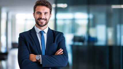 Fototapeta premium Portrait of a confident young businessman working in a modern office. Business person standing in office with crossed arms.