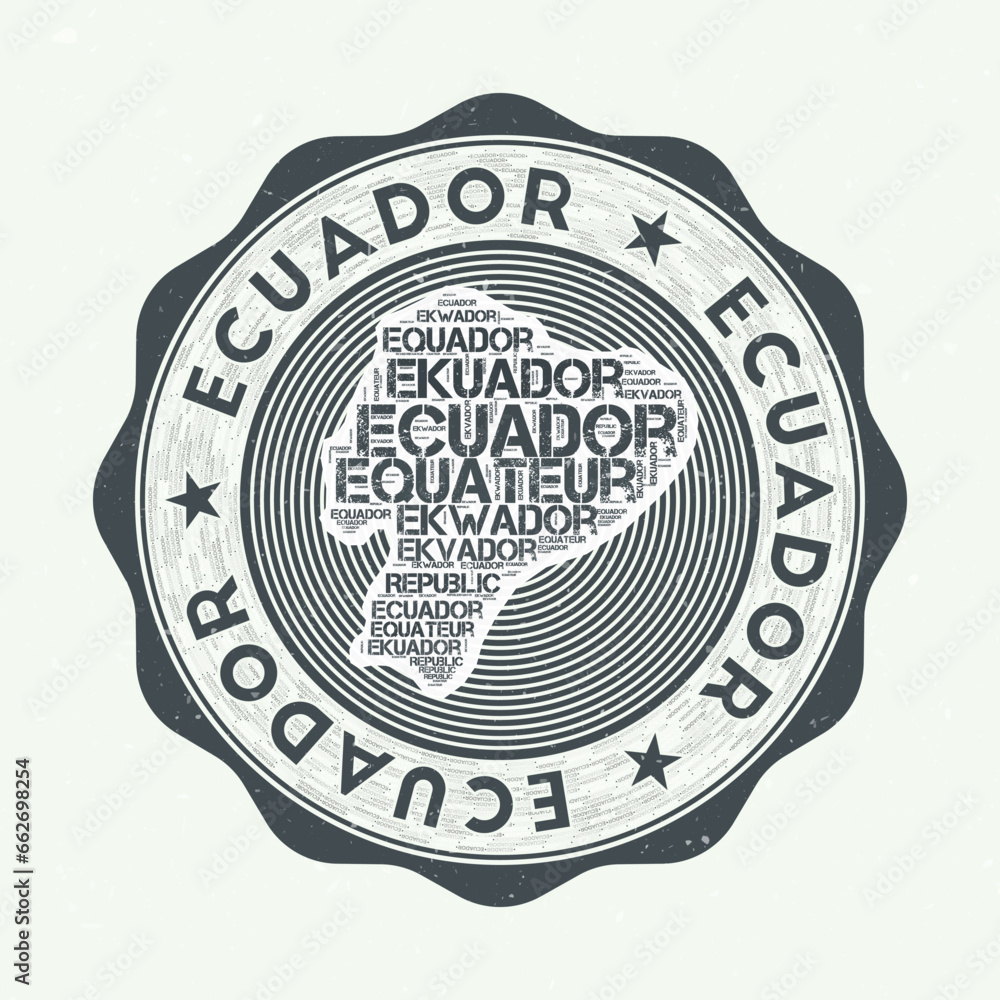 Poster ecuador seal. country round logo with shape of ecuador and country name in multiple languages wordcl