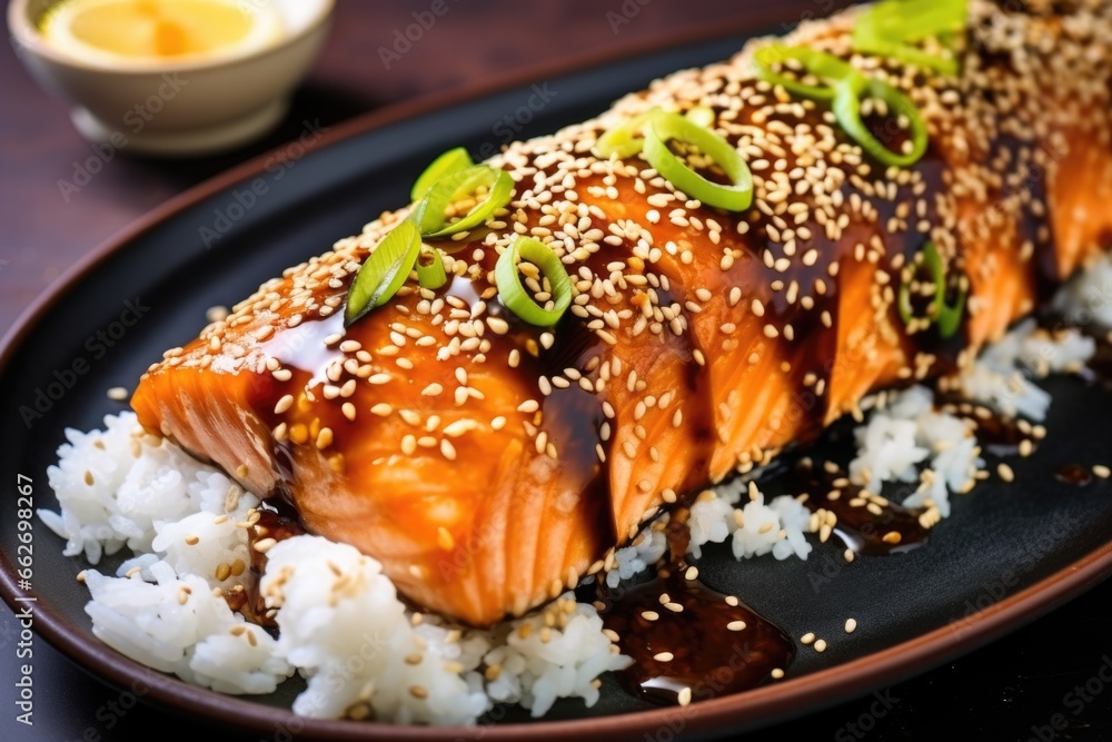 Poster baked salmon with toasted sesame seeds topping