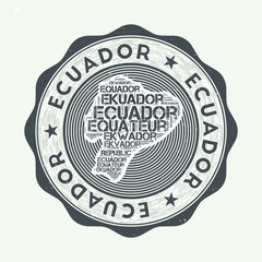 Ecuador seal. Country round logo with shape of Ecuador and country name in multiple languages wordcloud. Authentic emblem. Vibrant vector illustration. - obrazy, fototapety, plakaty