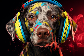 A vibrant and artistic poster featuring an adorable dog wearing stylish headphones, exuding a cool vibe. Ai generated