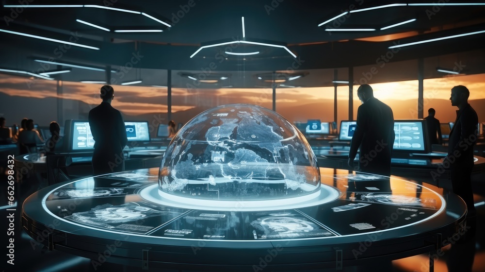 Fototapete Security team in futuristic cyber security workspace with advanced encryption at data room.