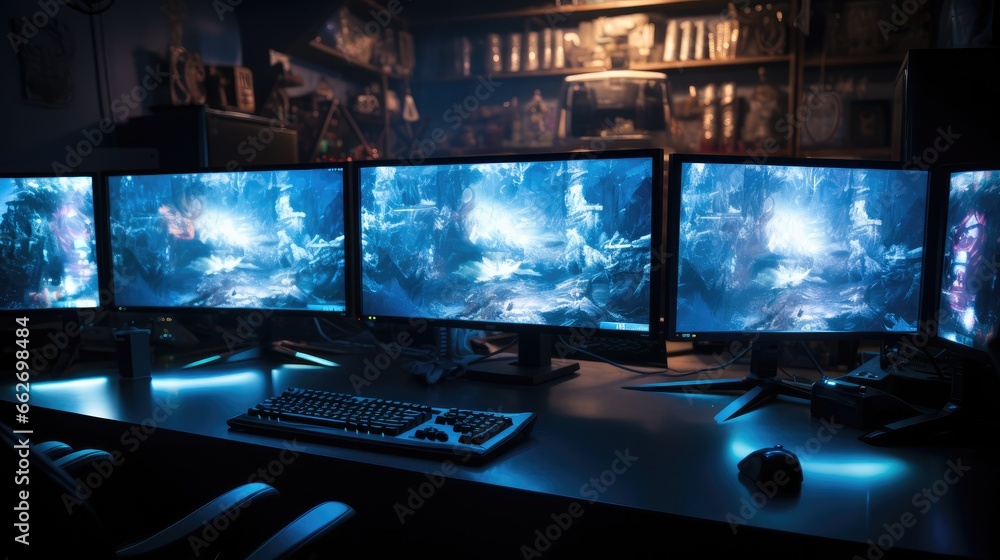 Poster computer screens showcasing game designs.