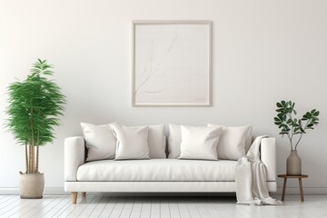 Beautiful bright living room interior with a comfortable white sofa and a large painting on the wall.