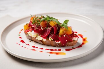 bruschetta with beetroot placed on a white ceramic plate