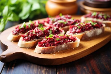 beetroot bruschetta spread out on a bamboo tray