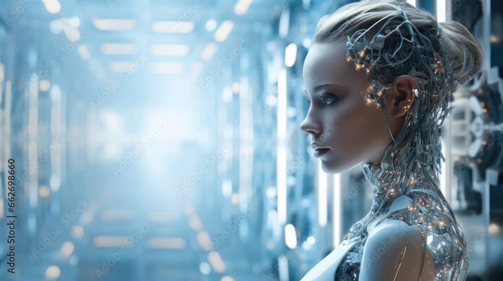 Aufkleber A humanoid cyber girl with a neural network, A digital brain is learning to process big data, Artificial intelligence.