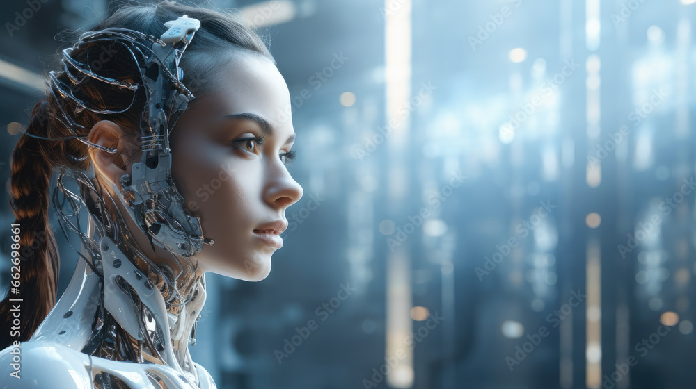 Aufkleber A humanoid cyber girl with a neural network, A digital brain is learning to process big data, Artificial intelligence.