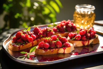 raspberry bruschetta arranged on a silver tray with sunlight streaming