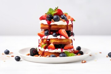 stack of mixed berries bruschetta on a minimalist white backdrop