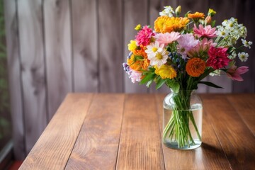 a bouquet of flowers on a plain wooden table